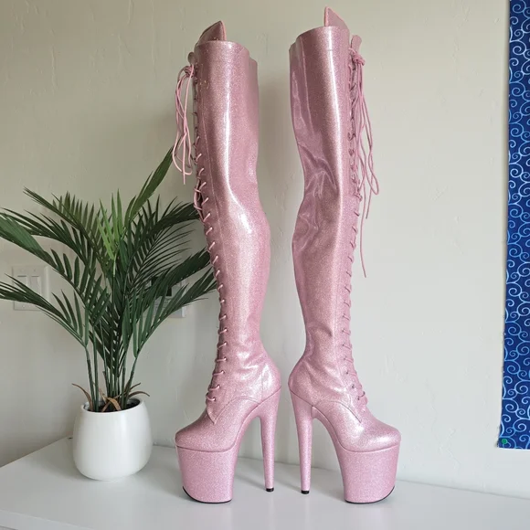Hella Heels NWOB 8" Glitterati Sugarbaby Pink Thigh High Boots Front Lace Pole - Picture 10 of 13